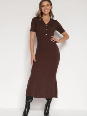 Brązowa Dzianinowa Sukienka z Wiskozą o Taliowanym Kroju z Guzikami Fenallea