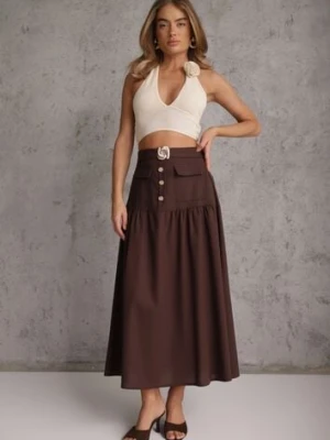 Brązowa Elegancka Spódnica z Wiskozą i Lnem o Rozkloszowanym Kroju Phridoe m&d fashion