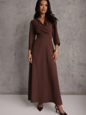 Brązowa Elegancka Sukienka o Kopertowym Kroju Zdobiona Aplikacją w Talii Zilendra vices