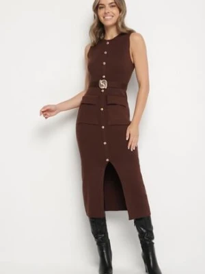 Brązowa Elegancka Sukienka Ołówkowa z Dzianiny z Wiskozą z Guzikami i Paskiem Ezerria elsa.m by may