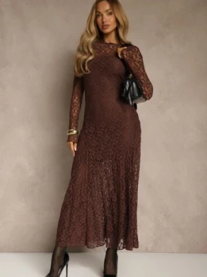 Brązowa Elegancka Sukienka z Koronki z Odkrytymi Plecami Lilafera