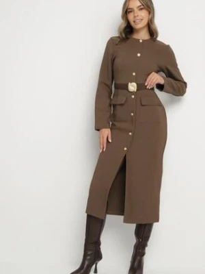 Brązowa Elegancka Sukienka z Ozdobnymi Guzikami i Paskiem z Klamrą Esmilea bisou's project