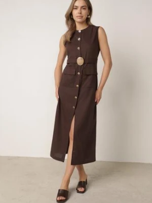 Brązowa Elegancka Sukienka z Wiskozą i Lnem Zdobiona Paskiem z Aplikacją Pimeine m&d fashion