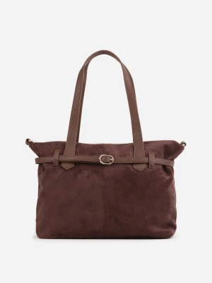 Brązowa Elegancka Torebka Shopper Bag o Fakturze Zamszu z Paskiem z Klamerką Mudrey Caely