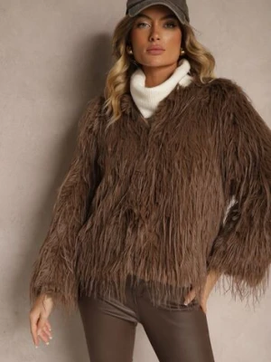 Brązowa Futerkowa Kurtka o Prostym Kroju z Zapięciem na Haftki Sialithiel wool fashion