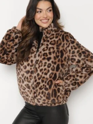 Brązowa Futerkowa Kurtka ze Ściągaczami i Stójką w Cętki Viazelle elsa.m by may