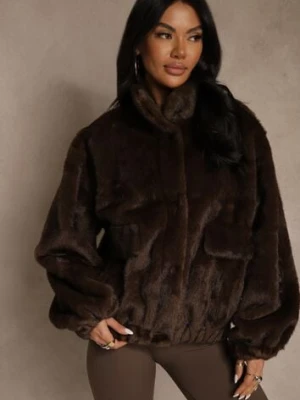 Brązowa Futrzana Kurtka Bomberka z Kieszeniami Tiwedela