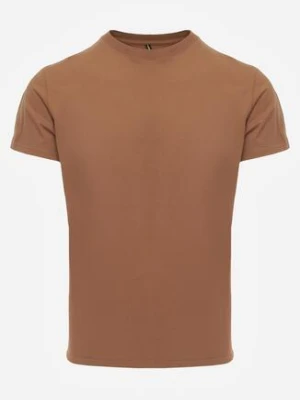 Brązowa Gładka Koszulka T-shirt z Bawełny o Prostym Kroju Sarusa