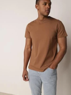 Brązowa Gładka Koszulka T-shirt z Bawełny o Prostym Kroju Sarusa