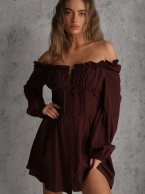 Brązowa Gorsetowa Sukienka Hiszpanka Vices z Guzikami i Bufiastymi Rękawami Resena