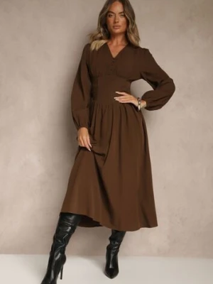 Brązowa Gorsetowa Sukienka z Wiskozą z Guzikami i Bufiastymi Rękawami Ahlite unigirl