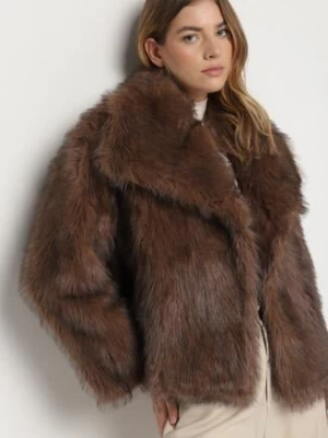 Brązowa Jednorzędowa Kurtka Futerko z Szerokim Kołnierzem Conellia belcci