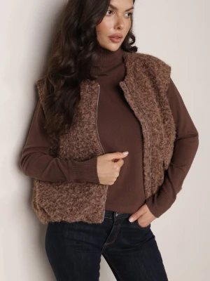 Brązowa Kamizelka Casualowa w Stylu Boucle na Zimę z Kieszonkami Naatoka Retro & Icone