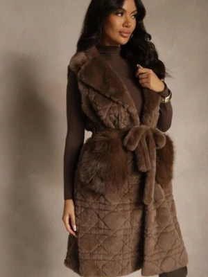 Brązowa Kamizelka Futerko z Wiązanym Paskiem Zdobiona Przeszyciami Ranitila