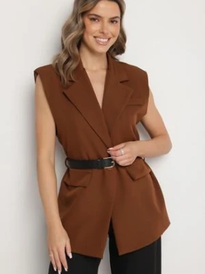 Brązowa Kamizelka Garniturowa Oversize na Guzik z Paskiem Melazi new collection
