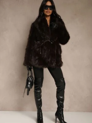 Brązowa Klasyczna Kurtka Futerko z Wąskim Wiązanym Paskiem w Talii Casfitta ann gissy