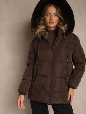 Brązowa Klasyczna Kurtka z Pikowanymi Przeszyciami i Kapturem z Futrem Mundrie j.style