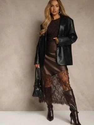 Brązowa Koktajlowa Spódnica z Satyny z Koronką Avelori