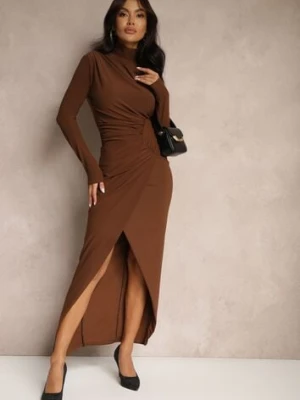 Brązowa Koktajlowa Sukienka Półgolf Ozdobiona Marszczeniami Emivelleth allyson