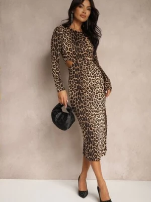 Brązowa Koktajlowa Sukienka w Panterkę Midi Ozdobiona Rozcięciem na Dole i Wycięciami w Talii Aletines by swan