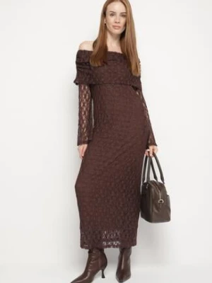 Brązowa Koktajlowa Sukienka z Odkrytymi Ramionami z Koronki Eperrie