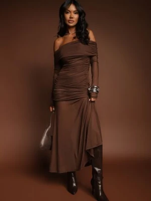 Brązowa Koktajlowa Sukienka z Prześwitującymi Rękawami i Marszczeniem Haludea retro & icone