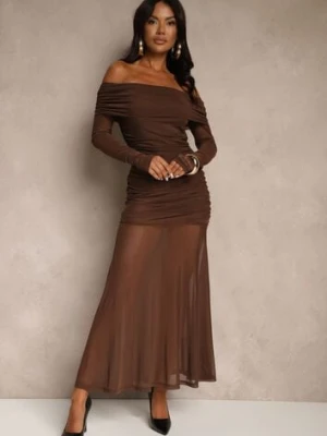 Brązowa Koktajlowa Sukienka z Prześwitującymi Rękawami i Marszczeniem Haludea retro & icone