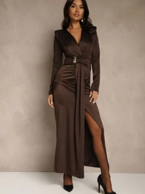 Brązowa Koktajlowa Sukienka z Rozcięciem na Nogę Zdobiona Trenem Atirga