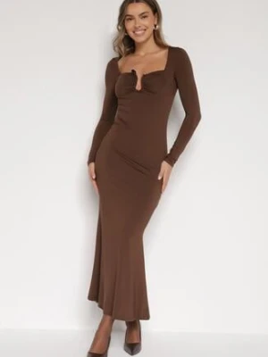 Brązowa Koktajlowa Sukienka z Wiskozą i Metaliczną Ozdobą Refare