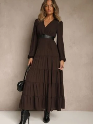 Brązowa Kopertowa Sukienka Vices o Rozkloszowanym Kroju Resvima