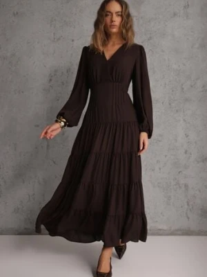 Brązowa Kopertowa Sukienka Vices o Rozkloszowanym Kroju Resvima