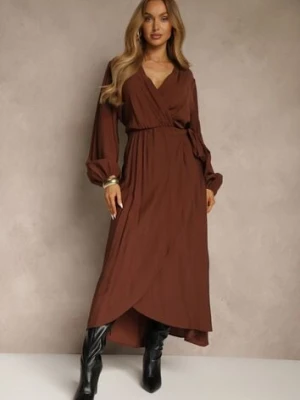 Brązowa Kopertowa Sukienka z Wiskozą z Wiązanym Paskiem w Talii Fezalia