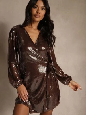 Brązowa Kopertowa Sukienka Zdobiona Cekinami i Wiązaniem w Talii Epravia