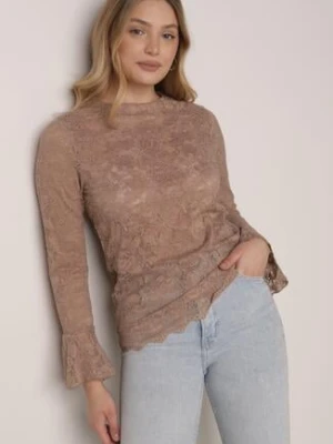 Brązowa Koronkowa Bluzka z Falbanką i Rozszerzanymi Rękawami Nelaetia bisou's project
