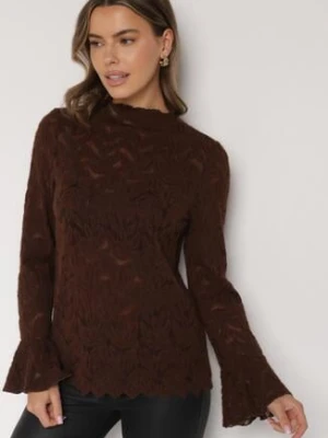 Brązowa Koronkowa Bluzka ze Stójką i Rozszerzanymi Rękawami Nefina bisou's project