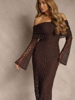 Brązowa Koronkowa Sukienka Koktajlowa z Odkrytymi Ramionami Eperria