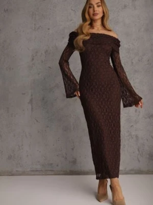 Brązowa Koronkowa Sukienka Koktajlowa z Odkrytymi Ramionami Eperria
