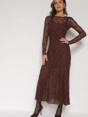 Brązowa Koronkowa Sukienka Taliowana z Odkrytymi Plecami Talifera