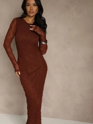 Brązowa Koronkowa Sukienka Typu Longsleeve o Dopasowanym Kroju Zenoresa