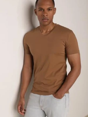 Brązowa Koszulka T-shirt z Bawełny z Dekoltem w Serek Rionisse