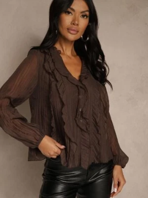Brązowa Koszulowa Bluzka z Dekoltem V i Falbankami Calomia