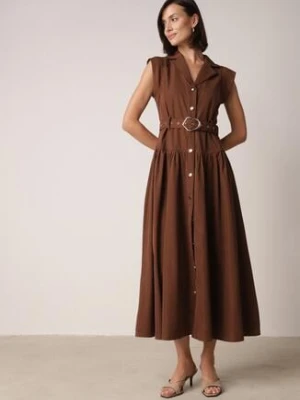 Brązowa Koszulowa Sukienka Bez Rękawów Ozdobiona Paskiem z Klamrą Phalixia elsa.m by may