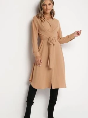 Brązowa Koszulowa Sukienka Midi z Guzikami i Materiałowym Paskiem Tetenai unigirl