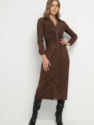 Brązowa Koszulowa Sukienka z Imitacji Zamszu z Marszczeniem w Talii Eselea bisou's project