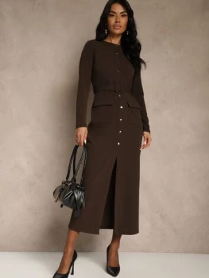 Brązowa Koszulowa Sukienka z Wiskozą Ozdobiona Paskiem i Guzikami Vetionna