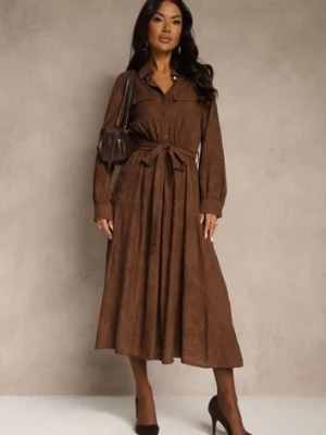 Brązowa Koszulowa Sukienka z Wiskozy o Rozkloszowanym Fasonie z Wiązaniem Isozera bisou's project