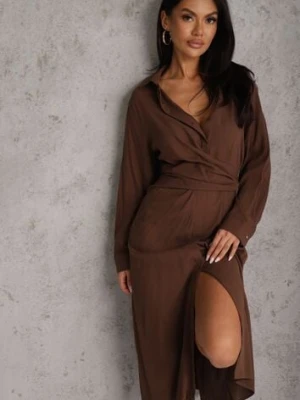 Brązowa Koszulowa Sukienka z Wiskozy z Asymetrycznym Drapowaniem i Guzikiem Hetasa
