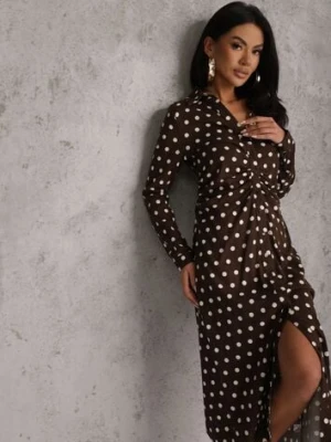 Brązowa Koszulowa Sukienka z Wiskozy z Dodatkiem Lnu z Drapowaną Talią Edrilith