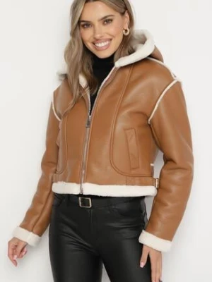 Brązowa Krótka Kurtka Biker z Kapturem i Futrzanymi Wstawkami Daithia metro five
