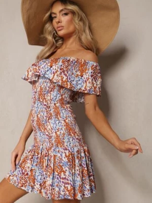 Brązowa Krótka Sukienka z Hiszpańskim Dekoltem z Elastycznej Wiskozy Celestine cflo